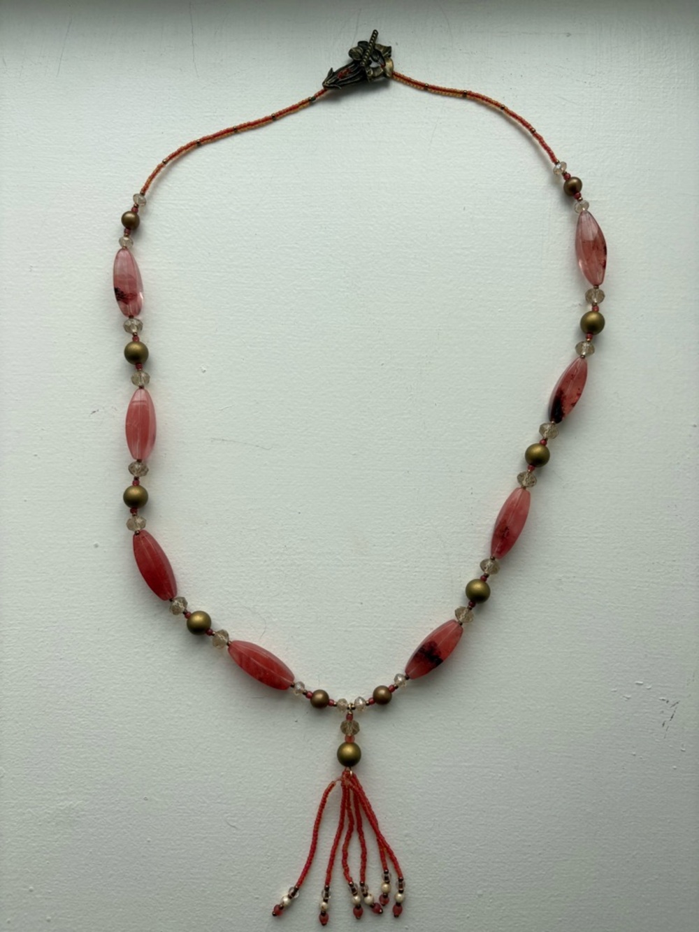 Handmade Pink Beaded Tassel Necklace with flower clasp - Picture 2 of 7